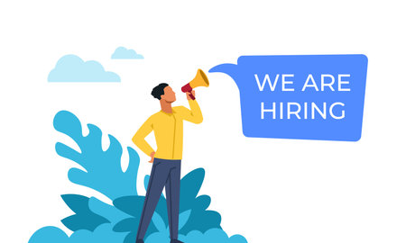 We are hiring. Man shouts into loudspeaker about vacant positions. HR manager looking for employees for company. Recruitment announcement concept. Vector character with speech bubbleのイラスト素材