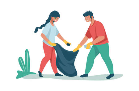 People sorting and recycling waste. Volunteers collecting rubbish outdoor. Man and woman putting garbage in bag. Characters take care of nature. Vector activists clean parks from litterのイラスト素材