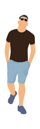 Trendy man walking. Cartoon character goes with hands in pockets. Isolated guy wears t-shirt and shorts. Handsome teenager on street. Outdoor relaxation activity. Vector male outfitのイラスト素材