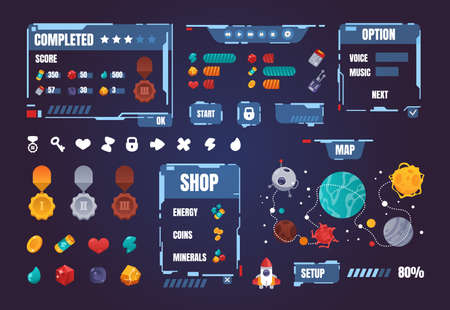 Game UI kit. Cartoon interface menu elements. Buttons and progress bars set. Award medals. Space arcade indicators. Map with planets and rocket way. Vector isolated GUI symbols setのイラスト素材
