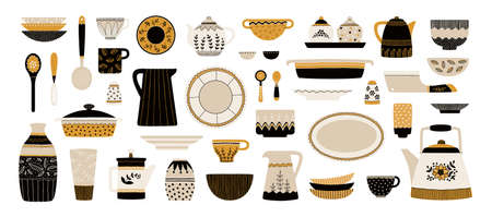 Dishes. Kitchen ceramic crockery. Cartoon porcelain plates and cups. Decorative dinnerware. Teapots and jugs. Bowls or spoons. Household utensil elements. Vector isolated pottery setのイラスト素材