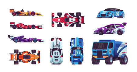 Race cars. Cartoon automobiles. Racing trucks and bolides. High-speed transport. Top and side views...