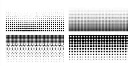 Halftone dot pattern. Comic pop art textures. Black and white geometric half tone templates set. Perforated covers. Borders with gradient from round and square points. Vector backgroundのイラスト素材