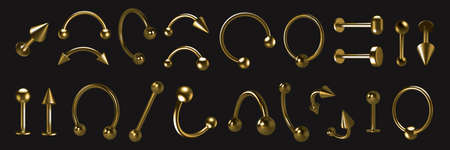 Golden piercing. Realistic luxury metallic body decoration with cones and balls. 3D earrings set. Pierce rings or barbells. Isolated metal jewelry. Vector accessories with light reflectionのイラスト素材