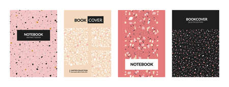 Terrazzo book cover. Abstract Italian concrete textures for notebooks. Marble stone mockup with chaotic particles and splinters. Vector decorative copybook pastel design templates setのイラスト素材