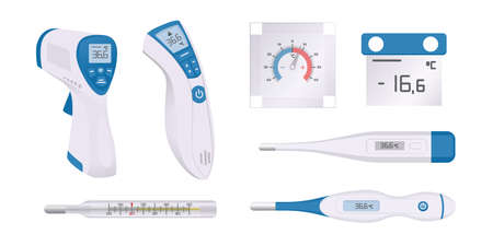 Thermometer. Cartoon medical temperature measurement. Mercury and electronic tools. Body contactless...