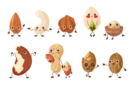 Cartoon nut characters. Cute food mascots. Funny walnut and pistachio. Macadamia or peanut. Hazelnuts set with various expressions and poses. Dieting snacks. Vector healthy nutritionのイラスト素材