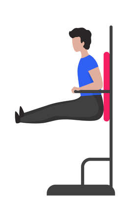 Athletic man using sport equipment. Sportsman training in gym. Isolated muscular male exercising. Profile view of athlete doing bodybuilding. Power workout. Vector active lifestyleのイラスト素材