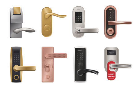 Door handle. Realistic knob and lock with PIN code, biometry and NFC key. Home metallic doorways furniture. Hotel door-handles with do not disturb label. Vector interior elements setのイラスト素材