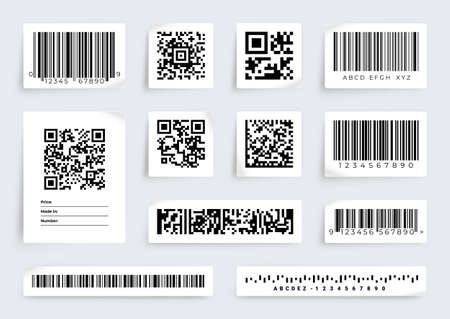QR code label. Barcode product price scan tags. Digital data information. Realistic sticky paper sheets. Merchandise inventory identification graphic icons. Vector retail stickers setのイラスト素材