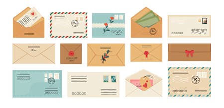 Letters. Cartoon envelopes. Opened and closed mail with post stamps. Correspondence delivery. Sending greeting cards and invitation. Isolated paper message templates set. Vector postcardsのイラスト素材