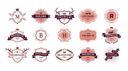 Vintage ornamental. Retro badges for brand identity. Premium quality stickers. Decorative flourish labels template with copy space. Isolated frames and ribbons. Vector emblems setのイラスト素材