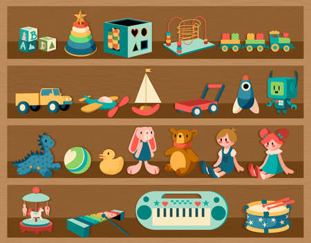Toys on shelves. Cartoon wooden rack with dolls and musical instruments. Plush animals or transport. Educational jigsaw for children. Colorful rocket and automatic robot. Vector furnitureのイラスト素材