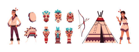 Cartoon Indians. Aztec or Maya persons. Man or woman with ritual shaman Tiki mask, feather headwear...