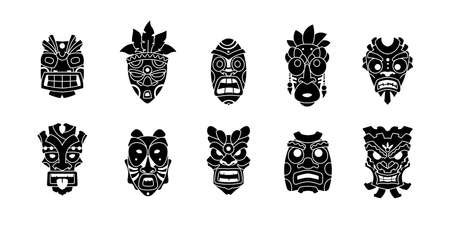 Hawaiian head mask. Tiki totem collection. Tribal ritual sculpture silhouette. Monochrome god face. Ethnic religious icons. Isolated aboriginal idols. Indigenous tattoo. Vector exotic setのイラスト素材
