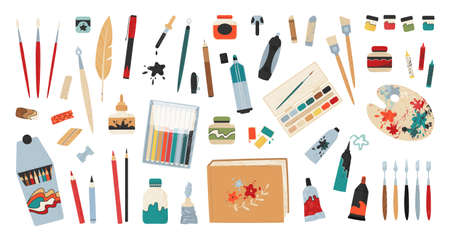 Art accessories. Artist painting tools and drawing supplies. Professional brush and paint. Pencils clipart bundle. Pen and ink. Isolated stationery set. Vector craft or hobby equipmentのイラスト素材
