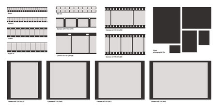 Film photo frame. Negative photography strip. Vintage movie and video border template. Retro cinema filmstrip. Black and white blank camera roll tapes set. Vector cinematography reelのイラスト素材