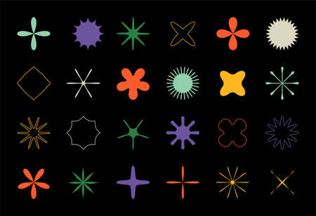 Brutalism stars. Minimalistic geometric flowers with petals and stats. Contemporary forms. Isolated floral elements silhouettes. Abstract contour crosses. Vector graphic shapes setのイラスト素材