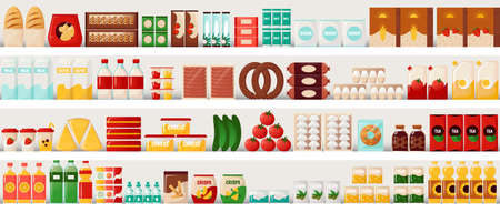 Supermarket food. Grocery shelves with cereal bread and milk, eggs or pasta. Market showcase template. Everyday products. Bottles and meal containers. Vector retail store background