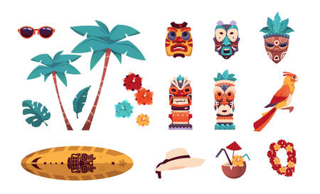 Hawaiian Tiki icons. Summer tropical art with palms and flowers. Surfboard, sunglasses or hat. Beach vacation collection. Tribal totem. Vector elements set of recreation on islandsのイラスト素材