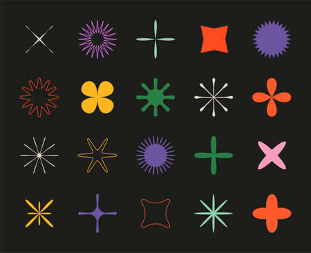 Abstract stars. Geometric polygonal shapes. Retro minimalistic flowers with petals. Colorful crosses collection. Decorative floral silhouette symbols. Vector contour sign templates setのイラスト素材