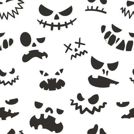 Jack face pattern. Seamless Halloween texture of scary silhouette symbol with spooky head and angry emotions. Black and white holiday background template. Vector autumn celebration printのイラスト素材