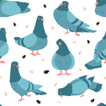 Pigeon pattern. Cartoon seamless texture of wild city birds. Flying animals flock and seeds. Standing or eating gray doves. Town fauna background. Vector print mockup with winged creaturesのイラスト素材