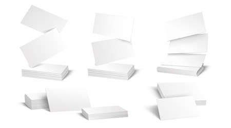 Business card mockup. Realistic blank white corporate identity paper sheets. Notes flying and lying in stacks. Office stationery. Typography print template. Vector pages for brandingのイラスト素材