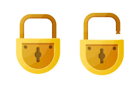 Open and closed lock. Cartoon data encryption and home security symbol. Golden padlock shape design with interlock elements and keyholes. Door protection mechanism. Vector illustrationのイラスト素材