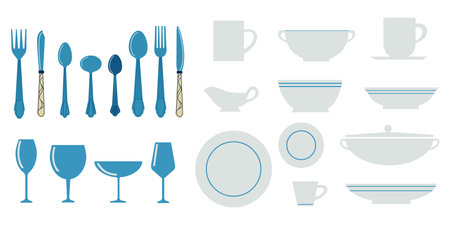 Kitchen utensils. Cartoon kitchenware with spoon knives and forks. Isolated white dishes. Blue cutlery. Ceramic plates or bowls. Glasses and porcelain cups. Vector cooking equipment setのイラスト素材