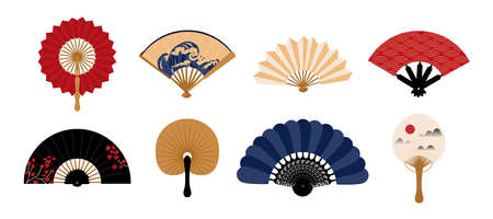 Hand fan. Japanese traditional vintage clothing decorative element. Chinese folding painted paper cooling accessory collection. Asian souvenir template. Vector oriental clothes setのイラスト素材