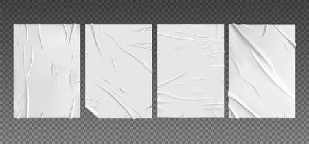 Realistic wet paper. Wrinkled posters mockup glued to wall. Urban folded billboard with crumpled effect. White blank pages templates. Creased empty sheets. Vector grunge texture setのイラスト素材