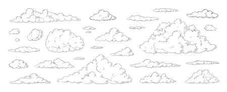 Clouds sketch. Vintage hand drawn sky background with large and small detailed cloudy shapes. Retro pencil drawing. Isolated monochrome cloudscape elements set. Vector engraving heavenのイラスト素材
