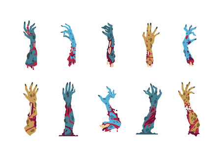 Zombie hands. Cartoon monster arms for Halloween party invitation cards and celebration posters. Isolated human body limbs with rotting flesh and bones. Vector walking dead elements setのイラスト素材