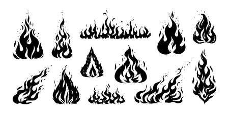 Hand drawn flame. Vintage sketch of devils fire engraving. Retro silhouette of bonfire. Black and white fireplace icons. Wildfire or ignition signs mockup. Vector blaze stencil setのイラスト素材