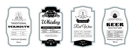 Vintage alcohol label. Minimalistic stickers for whiskey and beer bottles. Wine or vermouth branding emblems. Drinks stamps layout with abstract ornament elements. Vector tags design setのイラスト素材