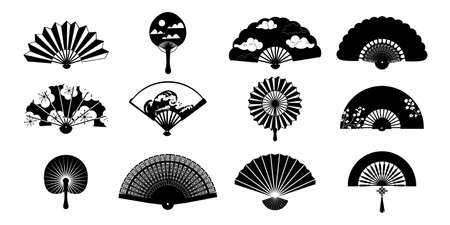 Black paper fan. Isolated silhouettes of traditional vintage Chinese and Japanese folded decorative clothing elements. Cooling accessories. Vector Asian culture elegant clothes setのイラスト素材