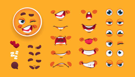 Emotion kit. Funny character with mouth, eyes and yellow face. Surprised or excited expressions. Angry and happy different emotion smileys collection. Vector cartoon facial elements setのイラスト素材