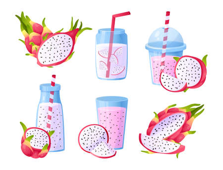 Pitaya. Cartoon sweet dragon fruit pieces and cold summer beverage. Tropical lemonade drink. Isolated glasses and bottles with straws for exotic fresh. Vector delicious smoothies setのイラスト素材