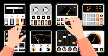Retro dashboard. Hands on radio control panel with switches. Technical connection ports. Tuners and indicators dials. Arms press buttons on console dashboard UI. Vector illustrationのイラスト素材