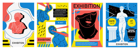 Ancient sculpture posters. Abstract doodle banners with antique statues and vases. Creative contemporary brochures. Historical Greek or Roman art. Vector museum exhibition flyers setのイラスト素材
