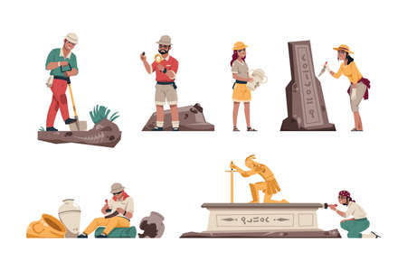 Cartoon archeology. Paleontologist characters with archeological tools. Geologists working in field. People dig up skeletons and discoveries, Vector explorers search antiquities setのイラスト素材