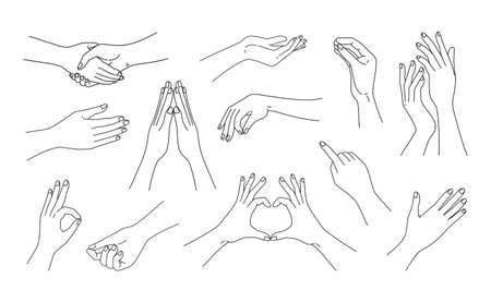 Woman hand gestures. Doodle line female arms sketches for social media post and beauty cosmetic advertising. Handshaking and finger love symbol. Vector silhouette human body parts setのイラスト素材