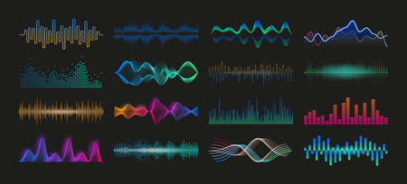 Soundwave. Audio spectrum waveform. Sound frequency and music pulse graphic effect. Volume and radio signal equalizer template. Vector soundtrack recorder dynamic level elements setのイラスト素材