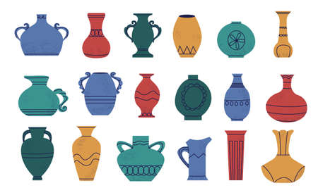 Doodle pottery. Cartoon abstract shapes of ancient amphora. Retro vase and antique wine jar mockup. Hand drawn ceramic jug. Urn or pitcher with handles. Vector colorful earthenware setのイラスト素材