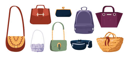 Fashion purse. Elegant glamour women clutch and everyday casual bags. Isolated trendy handbags. Backpack and shopper. Outfit accessories collection. Vector stylish female clothing setのイラスト素材