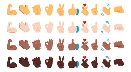 Diverse hand emoji. Various skin color gestures. Black yellow and white thumb up signs. Waving and praying arms emoticons. Peace or OK palm icons. Vector messenger chatting symbols setのイラスト素材