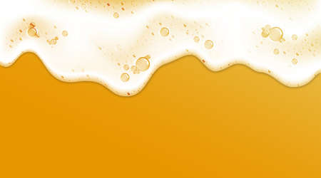 Beer foam. Realistic 3D frame with white clean shampoo froth and soap bubbles. Detergent liquid lather. Alcohol foamy drink blank border. Vector water wave on sandy beach backgroundのイラスト素材