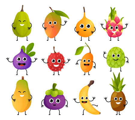 Exotic fruit characters. Cute food mascots. Cartoon mango or banana with hands legs and funny emotion faces. Pineapple and pitaya emoticons mockup. Vector children menu decorations setのイラスト素材