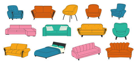Trendy furniture. Doodle comfort couch. House armchair and modern luxury sofa. Comfortable bed with pillows. Home furnishing or decoration for living room. Vector interior elements setのイラスト素材